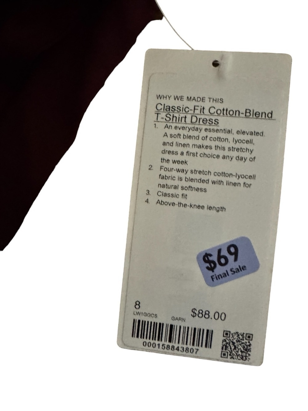 Lululemon Classic-Fit Cotton Blend T-Shirt Dress Garnet NWT Sizes 8 - Picture 5 of 5